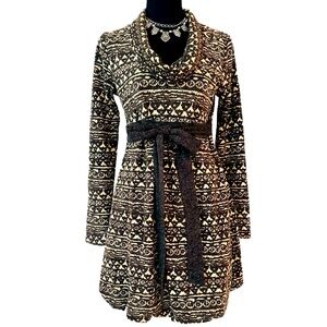 HAZEL ~ Stylish Brown and Cream Patterned Long Sleeve Cowl Neck Dress size S
